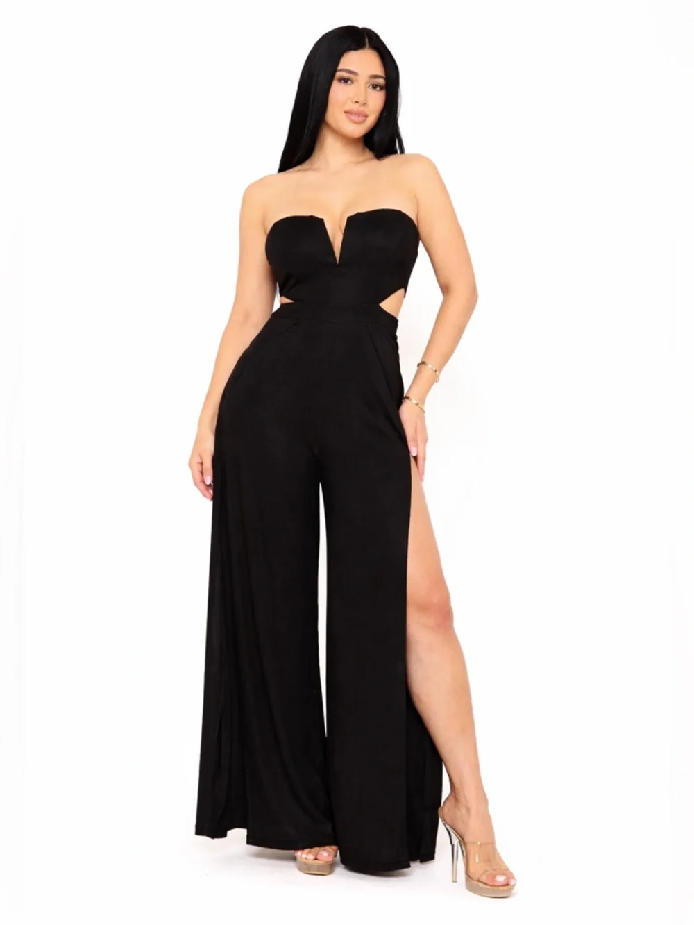 Wedding guest Strapless black jumpsuit wide leg size L flowy split *2 for 20*